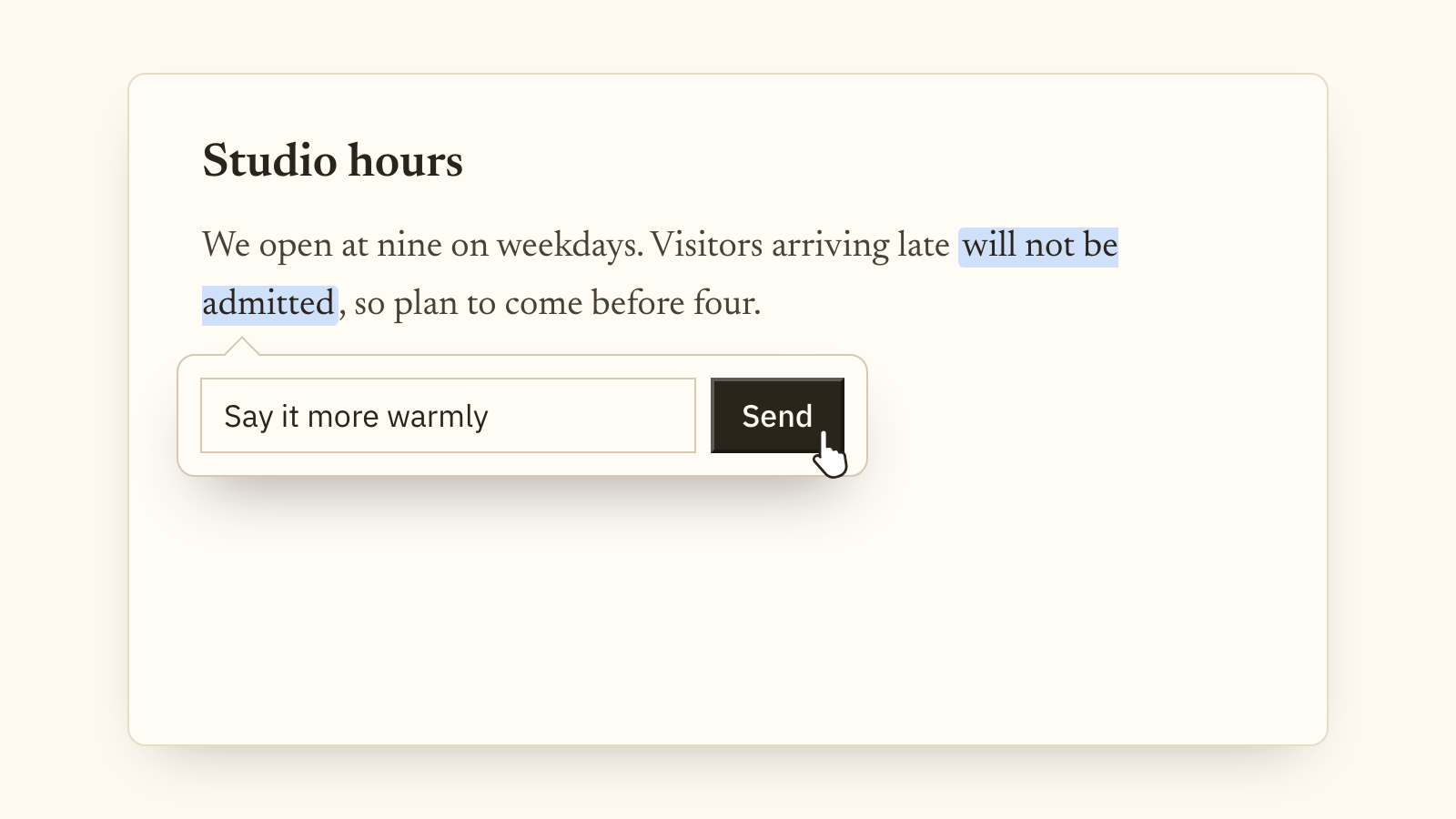 Select the sentence, describe the change, and review the rewrite in place before clicking Keep.